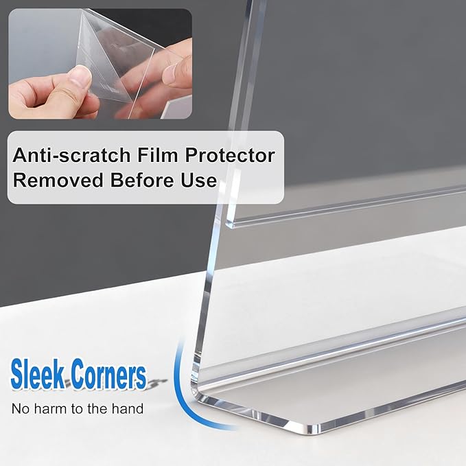 10 Pack Acrylic Sign Holder 5 x 7, L-Shape Clear Plastic Display Stand for Tabletop, Acrylic Stands for Flyers, Table Paper Holder, Vertical Sign Holder 5x7 for Restaurants, Office and School (Slant 10 Pack 5x7)