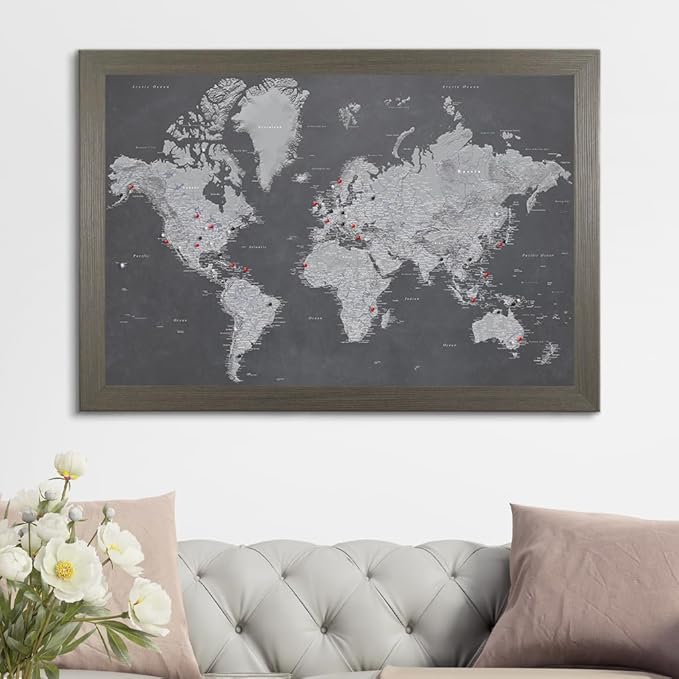 Push Pin Travel Maps - Stormy Dreams World - Barnwood Gray Framed Pin Map for Tracking Your Travels - 27.5" x 39.5" - 8 Handcrafted Frame Options - Made in USA - Ideal for Any Traveler