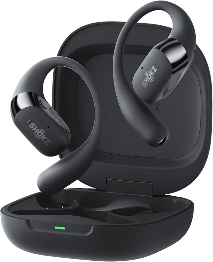 SHOKZ New OpenFit 2+ Open-Ear Headphones, Dolby Audio Enabled, Comfortable Earbuds with Soft Ear Hooks, 48H Playtime, IP55 Water-Resistant, USB-C Fast Charging, Wireless Charging, Carrying Bag, Black
