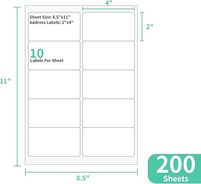 InpourPack 200 Sheets 10 up Labels, 2" x 4" Sticker Printer Paper for Laser/Inkjet Printer, Mailing Blank Labels, Self Adhesive Customizable