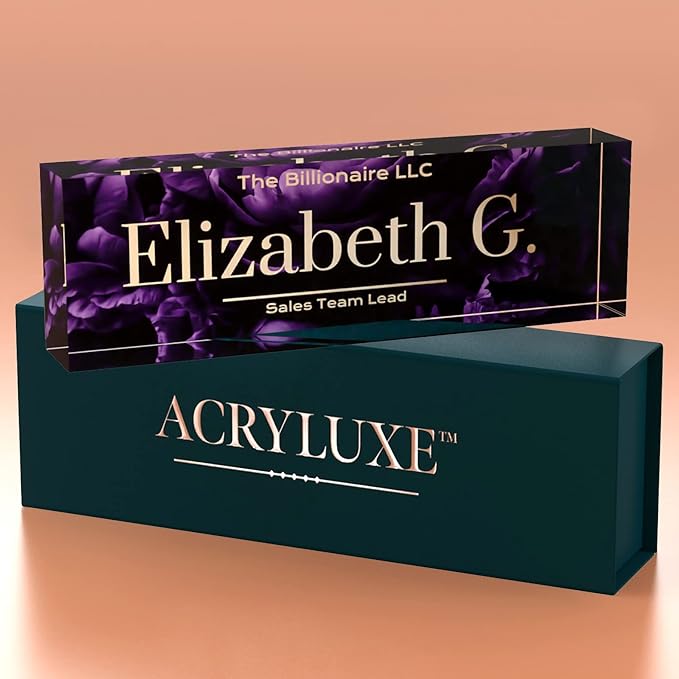 Desk Name Plate Personalized, Custom Name Plates 2½/x8 Inches, Thick Crystal-Clear Acrylic, Gift Box, Office Desk Decor. USA Made by ACRYLUXE (Blossom)