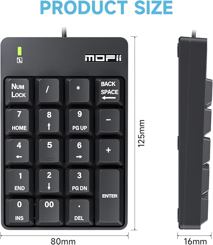 MOFII Wired Number Pad Numeric Keypad Silent 19 Keys USB Numpad, Portable Financial Accounting Keyboard 10 Key for Laptop/Computer/PC/Notebook/Surface Pro - Black