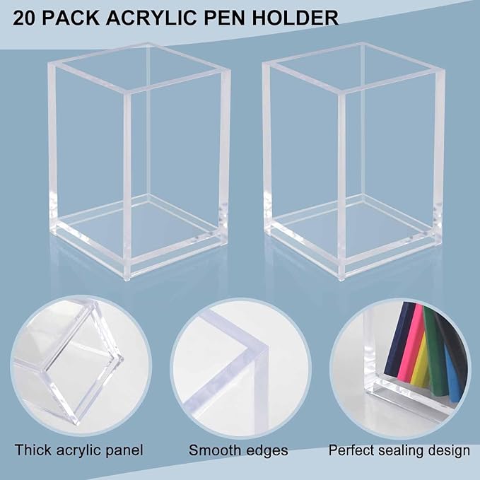 20 Pack Clear Acrylic Pen Holders, Pencil Cups and Makeup Brush Organizers : Durable Desk Accessories for Classroom, Office and School Storage