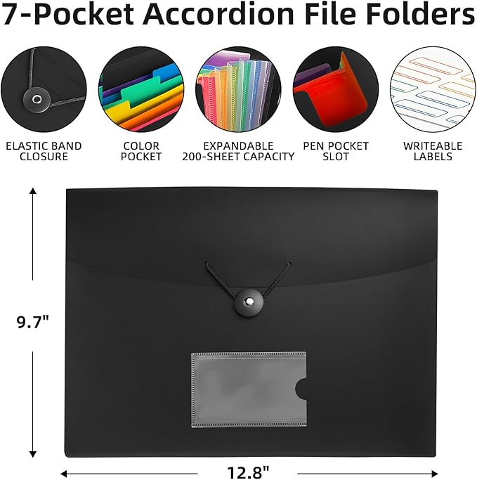 4 Pack 7 Pocket Accordian File Organizer with Labels, Expanding File Folder Plastic Expandable File Folder for Documents Letter Size A4 Papers