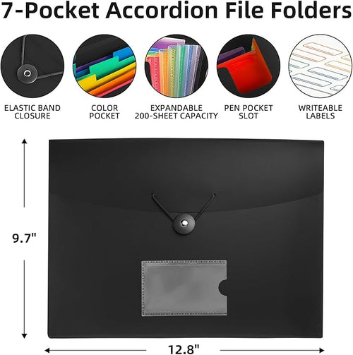 4 Pack 7 Pocket Accordian File Organizer with Labels, Expanding File Folder Plastic Expandable File Folder for Documents Letter Size A4 Papers