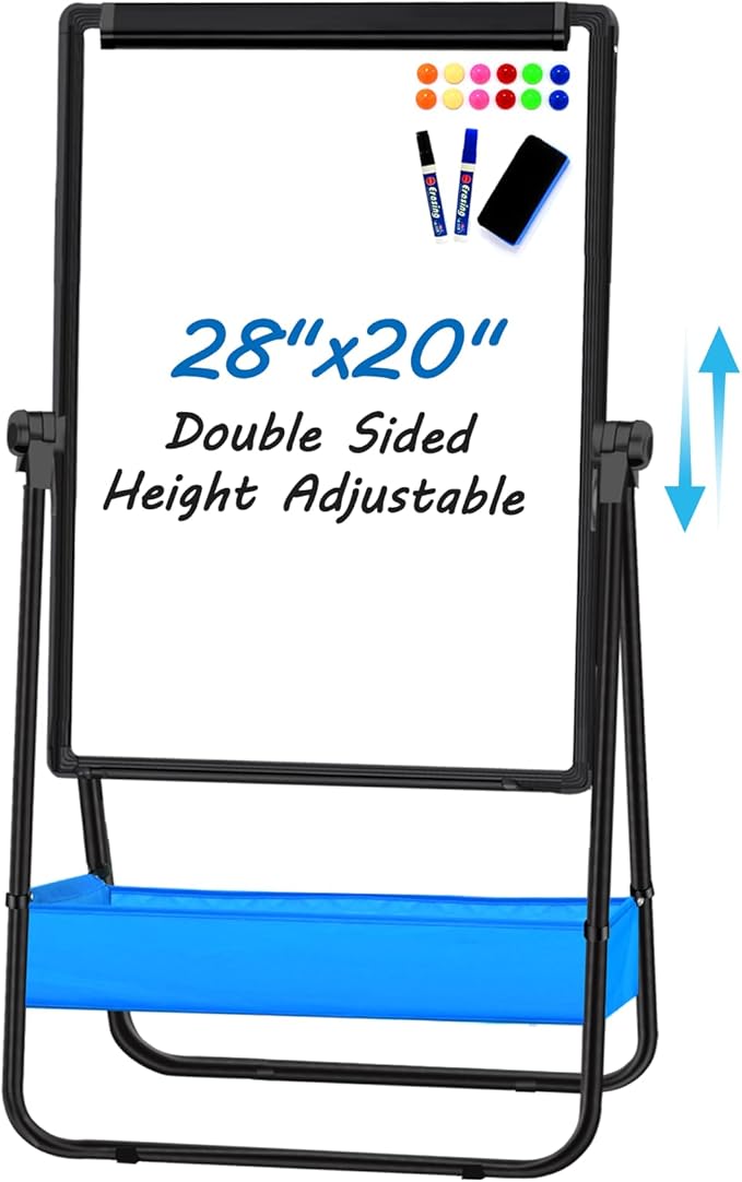 Dry Erase White Board with Stand Double Sided 28"X20" Magnetic U Standing Easel Whiteboard, Height Adjustable & 360° Rotation Portable White Boards for Classroom, Home & Office