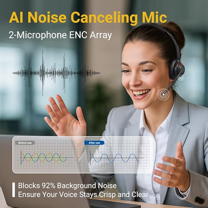 Blucalm Business V5.4 Wireless Headset with Charging Base, Computer Headset with Mic & 2.4 G USB Dongle for PC/Phone Work, Wireless Headphones with Noise-Cancelling Mic for Office, WFH, Teams, Zoom