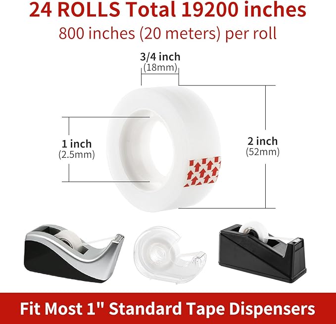 Turxayox 24 Rolls Invisible Tape Refills for Dispenser, Bulk Matte Finish Translucent Tape, 3/4 x 800 Inches, Engineered for Office School Home Repairing Correction and Labeling