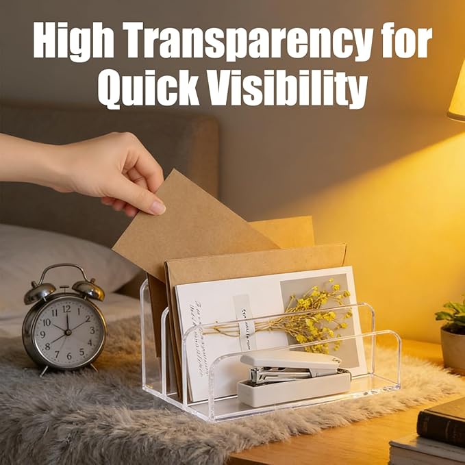 1Pcs Acrylic Mile Sorter for Desk, 3 Upright Compartments Desk Mail Organizer, Acrylic Mail File Organizer Sorters for Envelope Paper Document, Clear Files Sorter for Office Home, Vertical