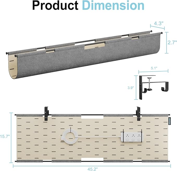 2-in-1 Under Desk Cable Management Tray & Privacy Panel, Dual-Sided Felt Cord Organizer to Hide Wires and Clutter, Desk Mount Cord Holder for Office and Home, Clamp or Screw Mount (Gray/Khaki, 45.3")