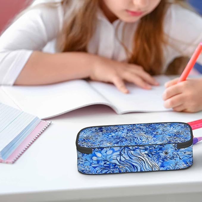 Blue Flower Pencil Case Beautiful Flowing Reflection Pencil Bag Pouch Box Organizer for College School Students Boy Girl