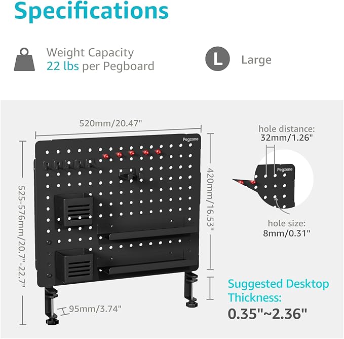 PEGZONE Clamp-on Desk Pegboard, Desk Organizer for Office Gaming Home, Magnetic Metal Peg Board with 15 Accessories, Privacy Panel for Office, 20.4" x 16.5", Large, Black