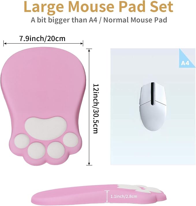 L-SPOUTTO Ergonomic Mouse Pad with Wrist Rest,Cute Cat Paw Mousepad Wrist Support,Comfortable Massage Design Computer Pain Relief Mouse Pad with Non-Slip PU Base for Desk Laptop Gaming Office,Pink