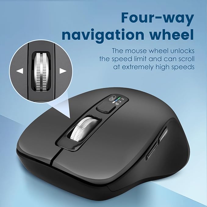Wireless Bluetooth Mouse (USB + BT1 + BT2), Full Size Mouse, 4-Way Scrolling, Multi-Device Silent for Computer, Laptop, iPad, MacBook (Grey)