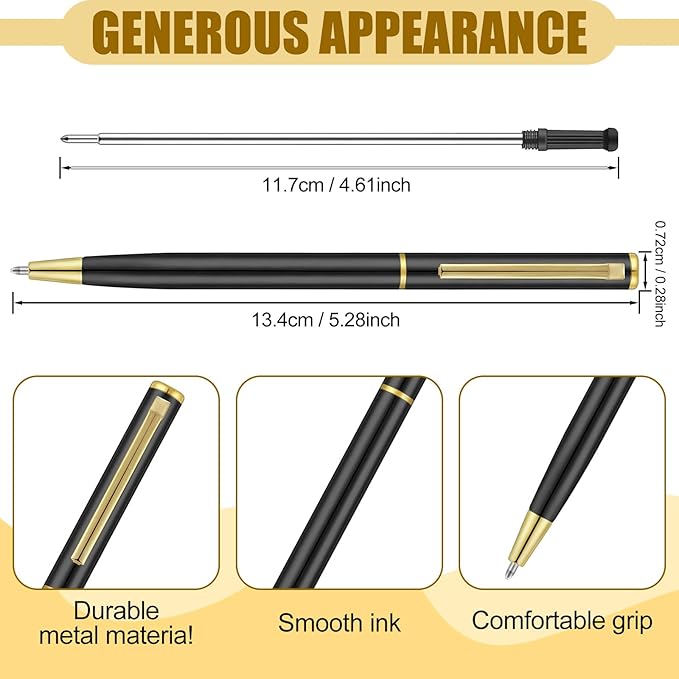 Zonon 15 Pcs Black Gold Metal Slim Ballpoint Pens Bulk Retractable Metallic Black Ink 1 mm Medium Point Smooth Writing Pens for Wedding Business Office Supplies Students Teachers Men Women Present