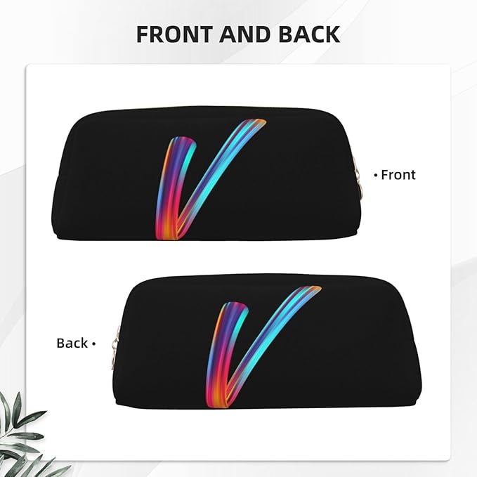 Cute Initial Pencil Case for Kids Simple Leather Pencil Pouch for Boys Girls Letter Design Pencil Box Pen Bag Pencil Pouch Office Stationery Organizer, Rainbow Letter V