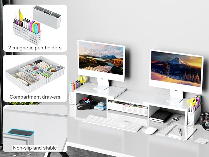 Spacrea Metal Desk Organizers and Accessories, Dual Monitor Stand Riser with Drawer and 2 Pen Holders, Desk Accessories & Workspace Desktop Organizers for Office Supplies (White)