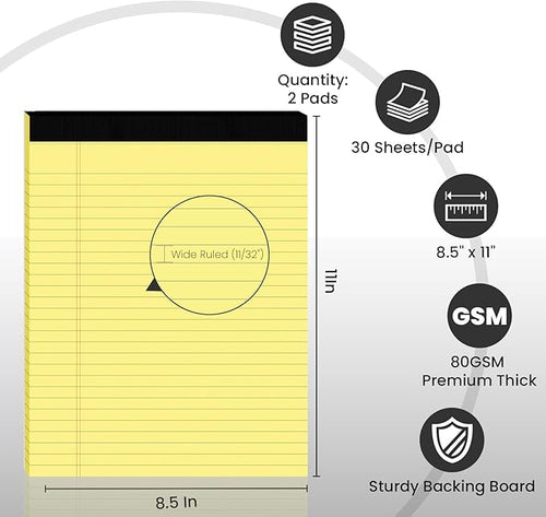 2pcs Legal Pads 8.5 x 11,Notepads 8.5 x 11 Inch, 30 Sheets/Pack, Yellow Note Pads Clear Print Writing Pads of Paper, Perforate Wide Ruled Lined with Sturdy Back for Office, Business & School Supplies