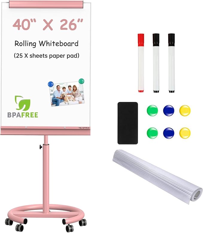 TSJ OFFICE Mobile Whiteboard Magnetic - 40 x 26 Inches Dry Erase Board on Wheel with Stand Flipchart Easel Height Adjustable,Pink