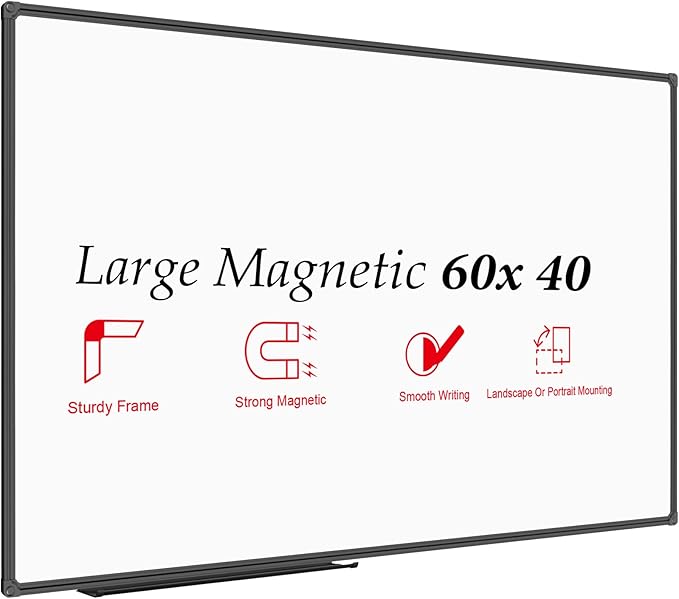 JILoffice Large Magnetic White Board, Dry Erase Board 60 x 40 Inch, Black Aluminum Frame Wall Mounted Board for Office Home and School