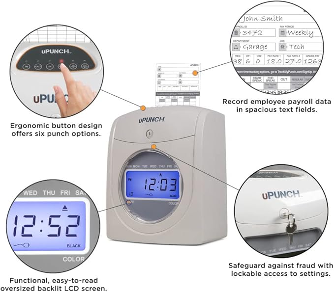 uPunch HN4500 Advanced Calculating Time Clock Bundle for Small Business: Complete Employee Time Tracking System with 200 Time Cards, Racks, Ribbons, and Keys