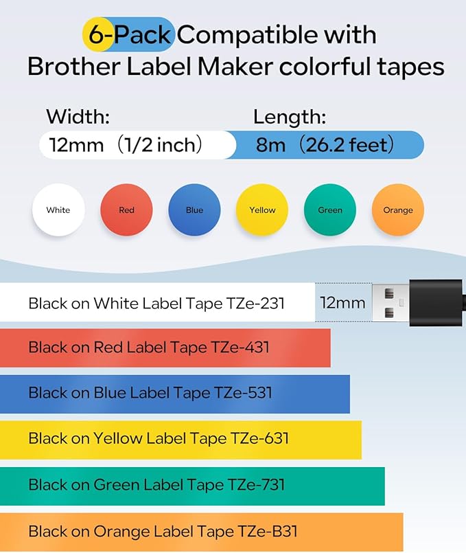Anycolor Replace for Brother Label Maker Tape TZe TZ Tape 12mm 0.47 Laminated Color P Touch Label Tape for Brother PT-D210 PT-H110 PT-D220 PT-D610BT PT-D600, White/Orange/Red/Blue/Yellow/Green, 6-Pack