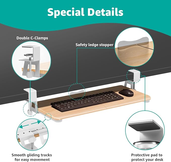 Desktop Keyboard Tray, Under Desk Pull Out, 25.6" X 11.8" Large Size Keyboard Tray with C-Clip Mount, Easy Installation, Computer Keyboard Stand, for Home Study and Office(Wood)