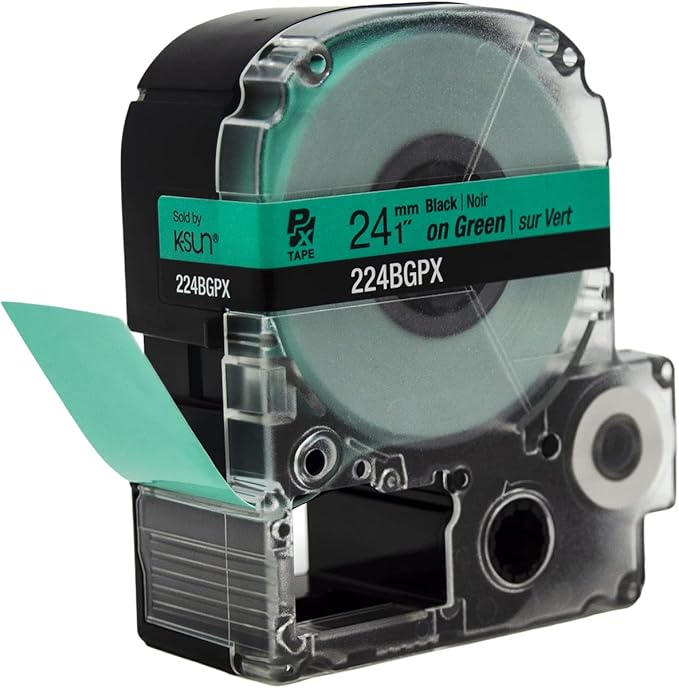 Epson LABELWORKS 224BGPX Genuine PET (Polyester) Tape Cartridge - Black on Green Label Maker Tape - 1" (24MM) Wide, 30'