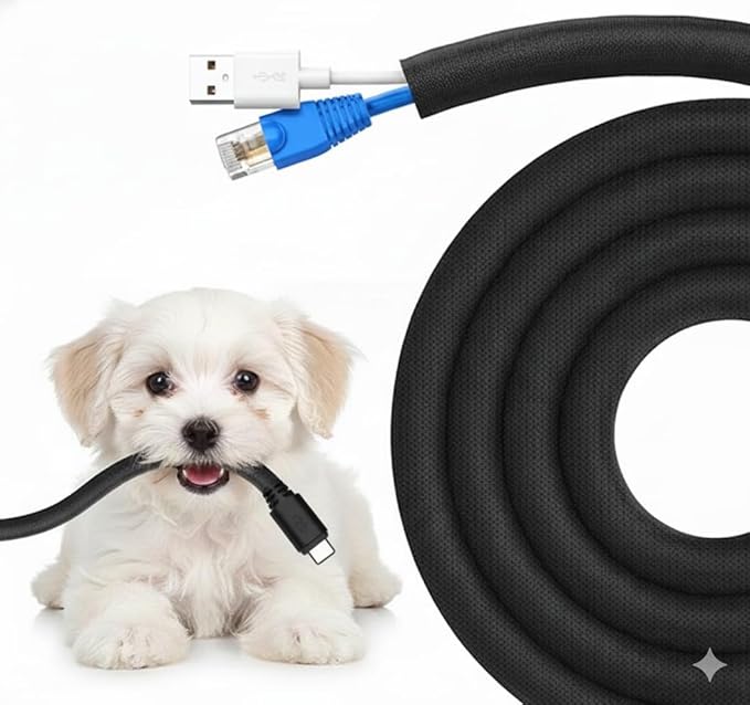 Dog and Cat Cord Protector – Pet-Proof Cable Guard for Wires and Cords – Prevents Pets from Chewing and Damaging Cables – Flexible & Durable – 10ft, 1/4in Diameter, Black (Self-Sealing Design)