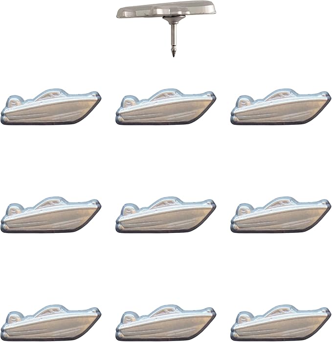 Motor Boat Push Pins - Silver Speedboat Map Pins for Cork Boards, Maps, or Lapel Use - Designed in USA - Set of 10