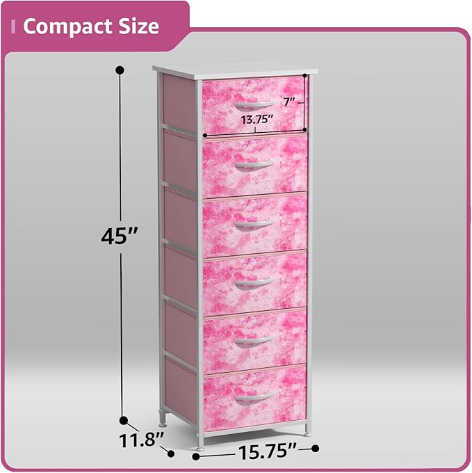Sorbus Fabric Dresser for Kids Bedroom - Chest of 6 Drawers, Tall Storage Tower, Clothing Organizer, for Closet, for Playroom, for Nursery, Steel Frame, Fabric Bins - Wood Handle (Tie Dye Pink)
