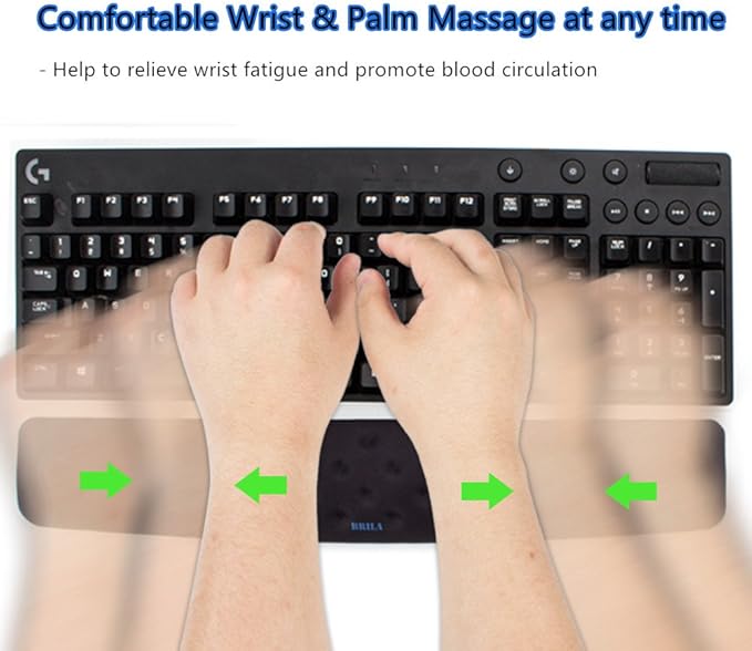 BRILA Keyboard Wrist Rest Support Cushion Pad for Computer, Laptop, Office Work, PC Gaming - Memory Foam Gel with Massage Holes Design - Non-Slip Easy Typing Wrist Pain Relief (Black Keyboard Pad)