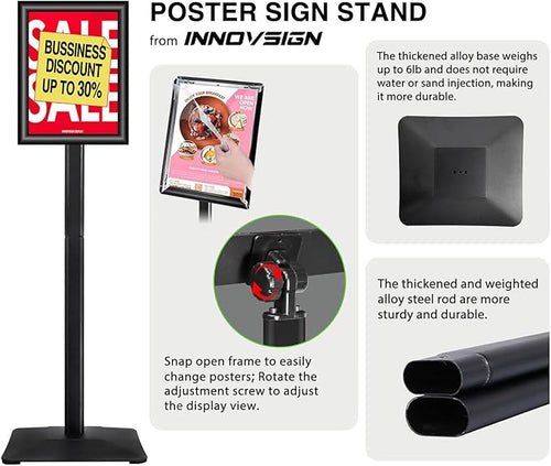 3Packs Heavy Duty Adjustable Pedestal Poster Sign Stand, 11x17 Aluminum Open Floor Standing Sign Holder for Vertical and Horizontal View Display, Black