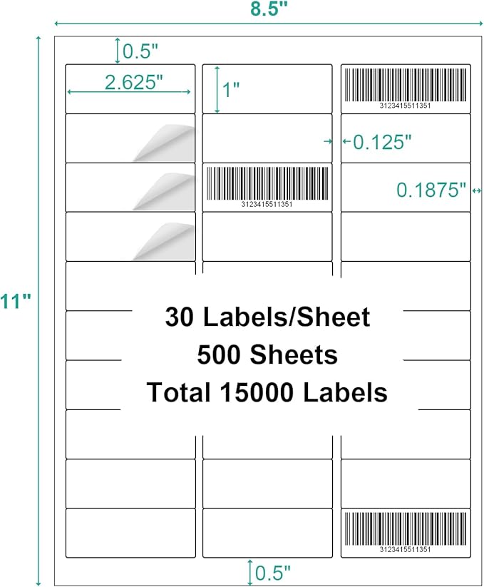 500 Sheets 15000 Shipping Address Labels, 30 UP Address Mailing Labels for Laser & Inkjet Printer, 1" x 2-5/8" White Blank Printable Shipping Label, Strong Adhesive for FBA Label, Easy to Peel