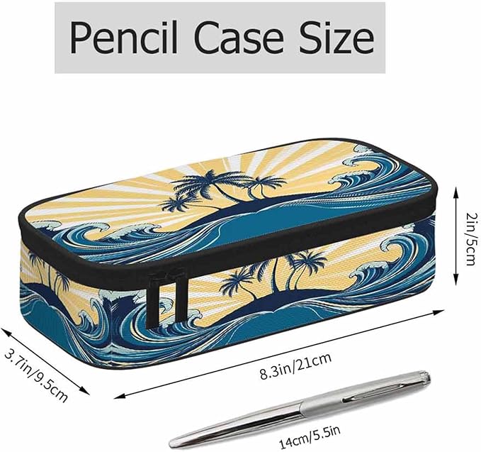 Tropical Beach Pencil Case Organizer Palm Trees Sunlight Blue Stationery Box Makeup Box School Supply for Boy Girl Men Women