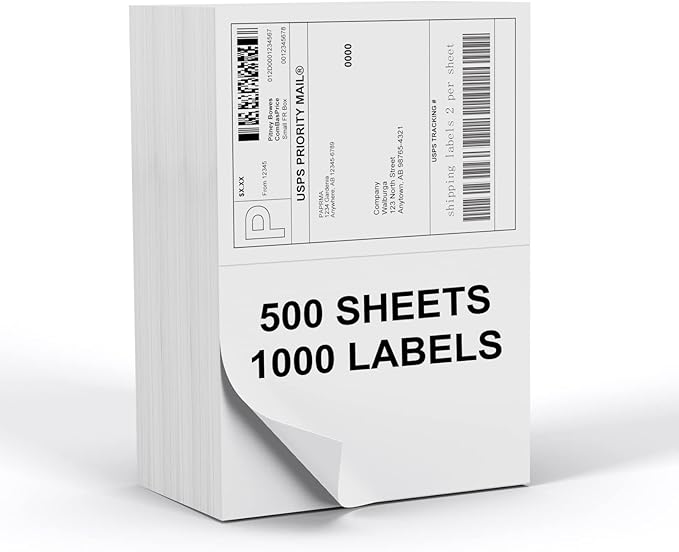 PAPRMA Half Sheet 8.5x5.5inch Shipping Mailing Label 1000 Counts, 2 Labels Per Sheet 8.5 x 11 for Laser & Inkjet Printer, Permanent Adhesive Label Square Corner (500 Sheets)