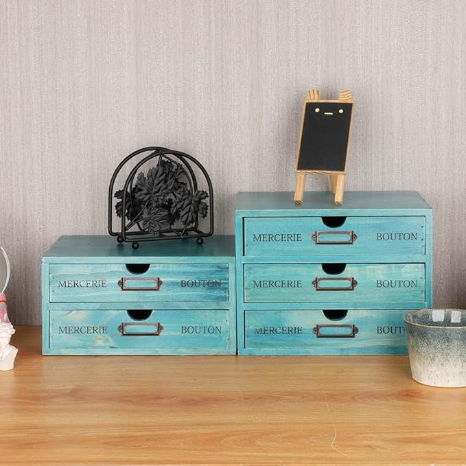 Wooden Storage Box Rustic Desktop Organizer with 3 Drawers Office Desk Accessories Shelf Small Craft Storage Containers Apothecary Cabinet and Chest Jewelry Holder for women(BLUE)