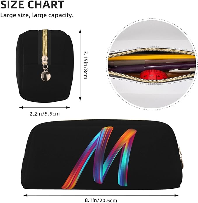 Cute Initial Pencil Case for Kids Simple Leather Pencil Pouch for Boys Girls Letter Design Pencil Box Pen Bag Pencil Pouch Office Stationery Organizer, Rainbow Letter M