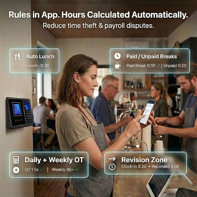 5s Setup Time Clock – App-Based, Multi-Punch Daily, Auto Break, Lunch & Overtime Rules, Local Data Storage, No Monthly Fees, 10 IC Cards, Time Clocks for Employees Small Business