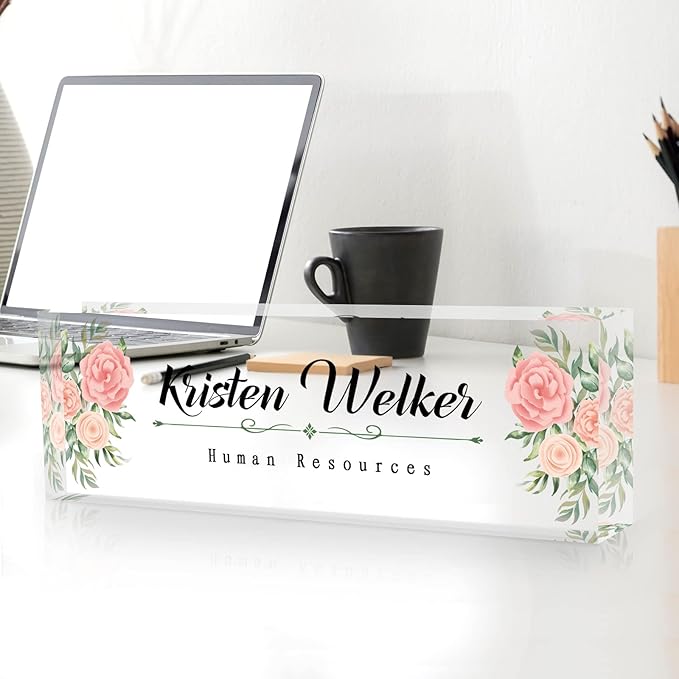 SalaGraphics Desk Name Plate Personalized, Custom for Desk, Office Decor Women Men, Acrylic Accessories, Gifts Coworkers Boss Teacher, Employee Appreciation (Flowers C),8''(L)x2.5(W)