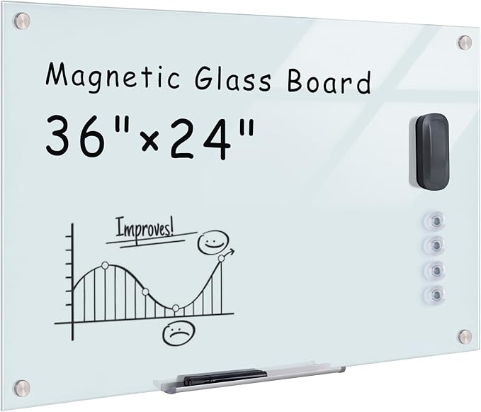 Mifuro Magnetic Glass Whiteboard，36"x24" Wall Mounted Frameless Dry Erase Board for Office, Home & School White