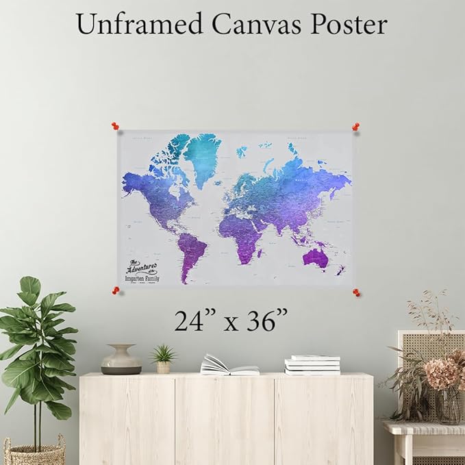 Vibrant Violet World Canvas Map Rolled Canvas | Personalized Push Pin World Travel Map with Pins to Mark Travels | 24" x 36" - 4 sizes |Best Gift for People Who Travel