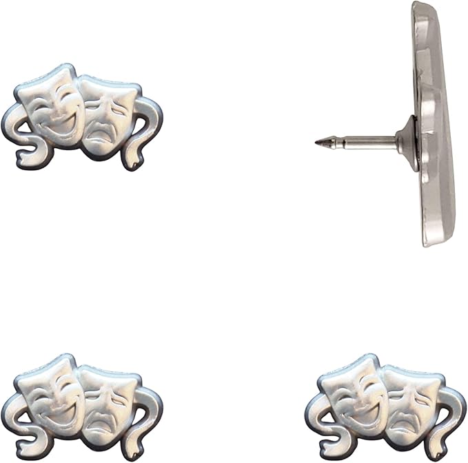 Comedy and Tragedy Masks Push Pins - Silver Theater Mask Map Pins for Cork Boards, Maps, or Lapel Use - Designed in USA - Set of 4