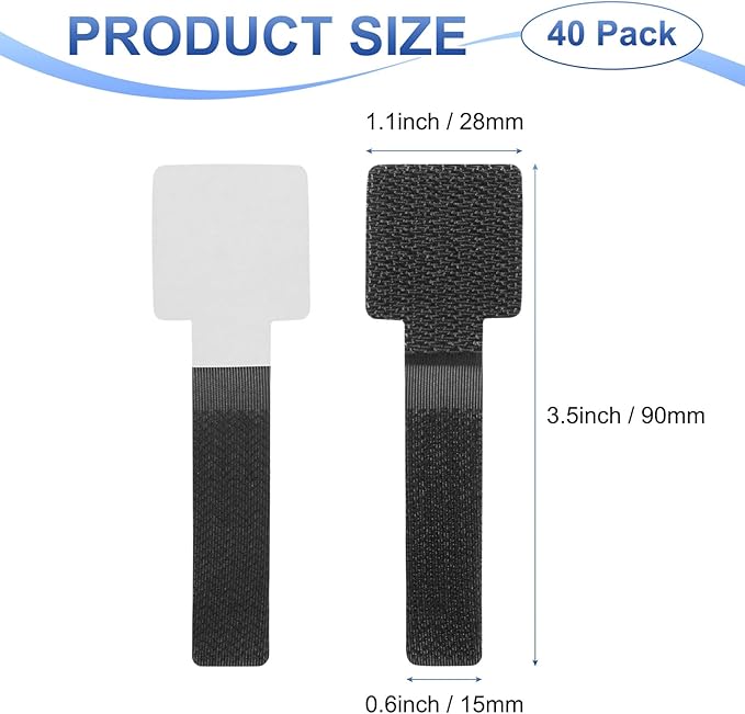 40-Pack Hook and Loop Cable Ties, 3.5 x 1.1 Inch Adjustable Self-Adhesive Cord Organizer for Desk/Home/Wall/Office Essentials, Cable Management Under Desk [Black]