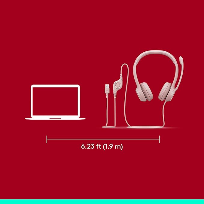 Logitech H390 Gaming Headphones, Wired Headphones with Mic, USB Headset with Microphone for PC, Noise Cancelling Microphone for Video Meetings, Music, Gaming - Rose