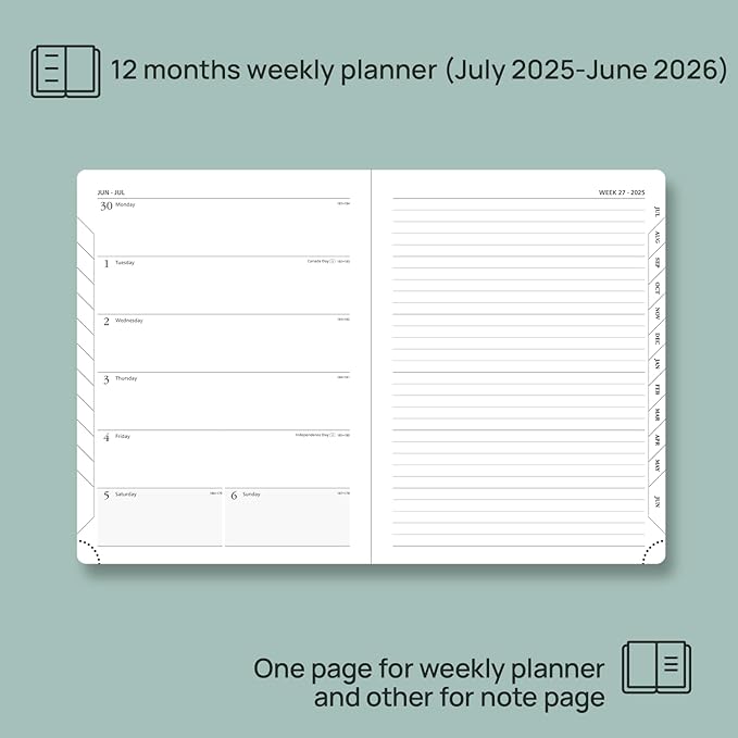 POPRUN Weekly Planner 2025-2026 (Medium 6.5''x 8.5'') Academic Calendar (JUL.25 - JUN.26) Appointment Book with Monthly Tabs, Leather Soft Cover, Inner Pocket, 100 GSM - Lilac