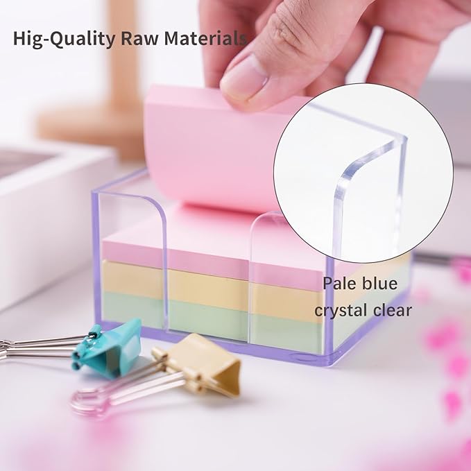 Sticky Notes Holder，Clear Acrylic 3" x 3" Post it Note Holder Dispenser for Desk, Computer Screen, Classroom Office Organizer, Light Blue