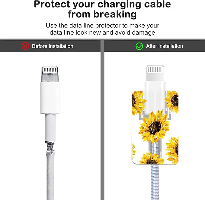 Cute Flowers DIY Protectors Cable Protector for iPhone Charger,Sunflower Pattern,Data Cable USB Charger Data Line Earphone Wire Saver for iPhone X 13 12 11 Pro Max
