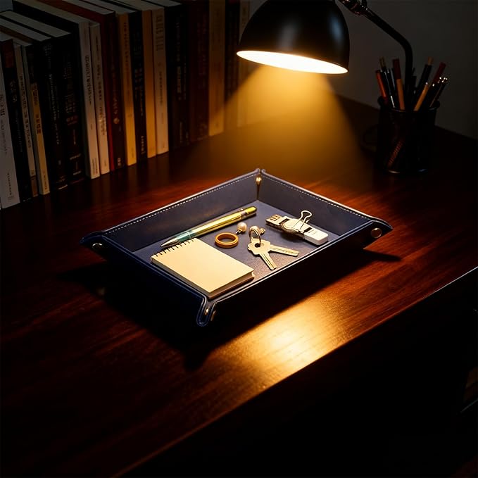 Leather Valet Tray Catchall Organizer, Navy Blue Desktop Storage for Keys, Coins, Wallet, Phone, Jewelry | Multi-Use Entryway Table, Desk & Nightstand Storage for Men & Women (Blue)