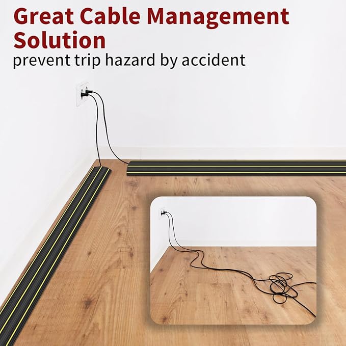 Floor Cord Cover, 10ft Cord Covers for Wires on Floor, Extension Outdoor Cable Cover Protector, Heavy Duty PVC Duct, 3 Channels Cord Hider Floor Cable Management, Black